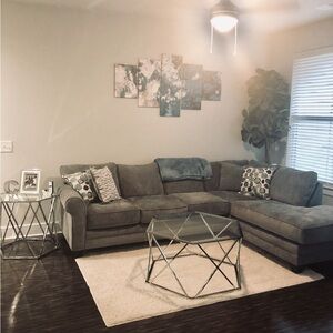 Gray Sectional Sofa with Geometric (2) Glass End Tables